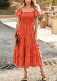 Casual Short Sleeved Square Neck Layered Pleated Dress