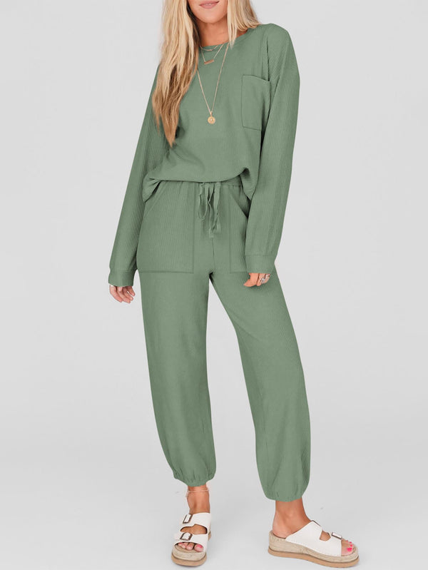 Solid Color Casual Top Drawstring Pants Two-Piece Sets