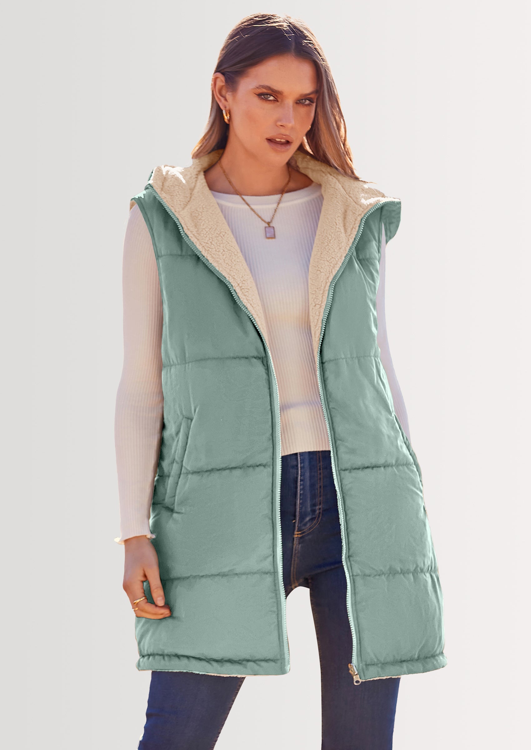 PRETTYGARDEN Womens Fall Reversible Vests Sleeveless Fleece Jacket Zip Up Hoodie Pockets Long Warm Winter Coat Outerwear