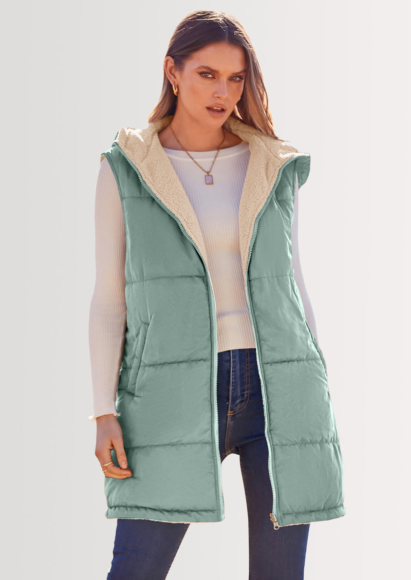PRETTYGARDEN Womens Fall Reversible Vests Sleeveless Fleece Jacket Zip Up Hoodie Pockets Long Warm Winter Coat Outerwear