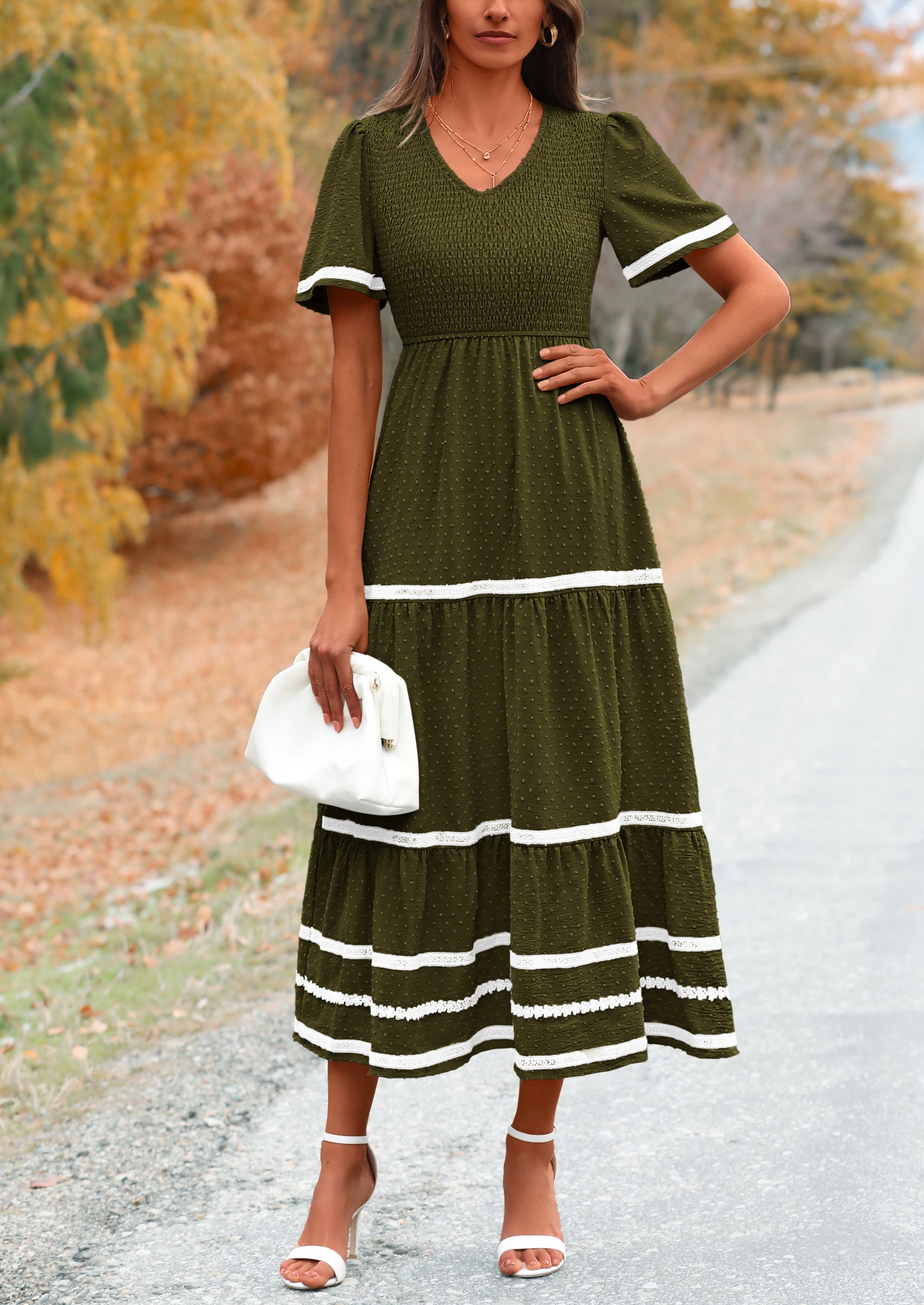 PRETTYGARDEN Women's Casual Summer Maxi Dress Short Sleeve Swiss Dot V Neck Smocked Long Flowy Beach Dresses