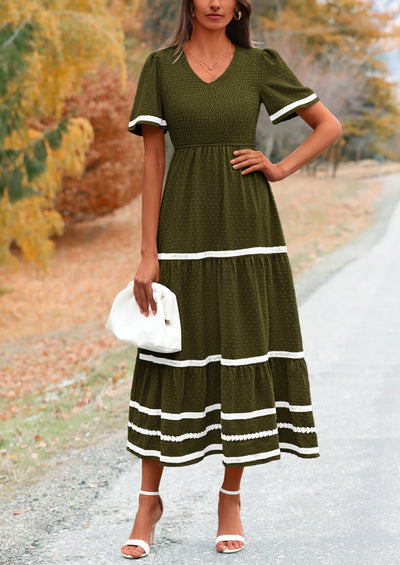 PRETTYGARDEN Women's Casual Summer Maxi Dress Short Sleeve Swiss Dot V Neck Smocked Long Flowy Beach Dresses