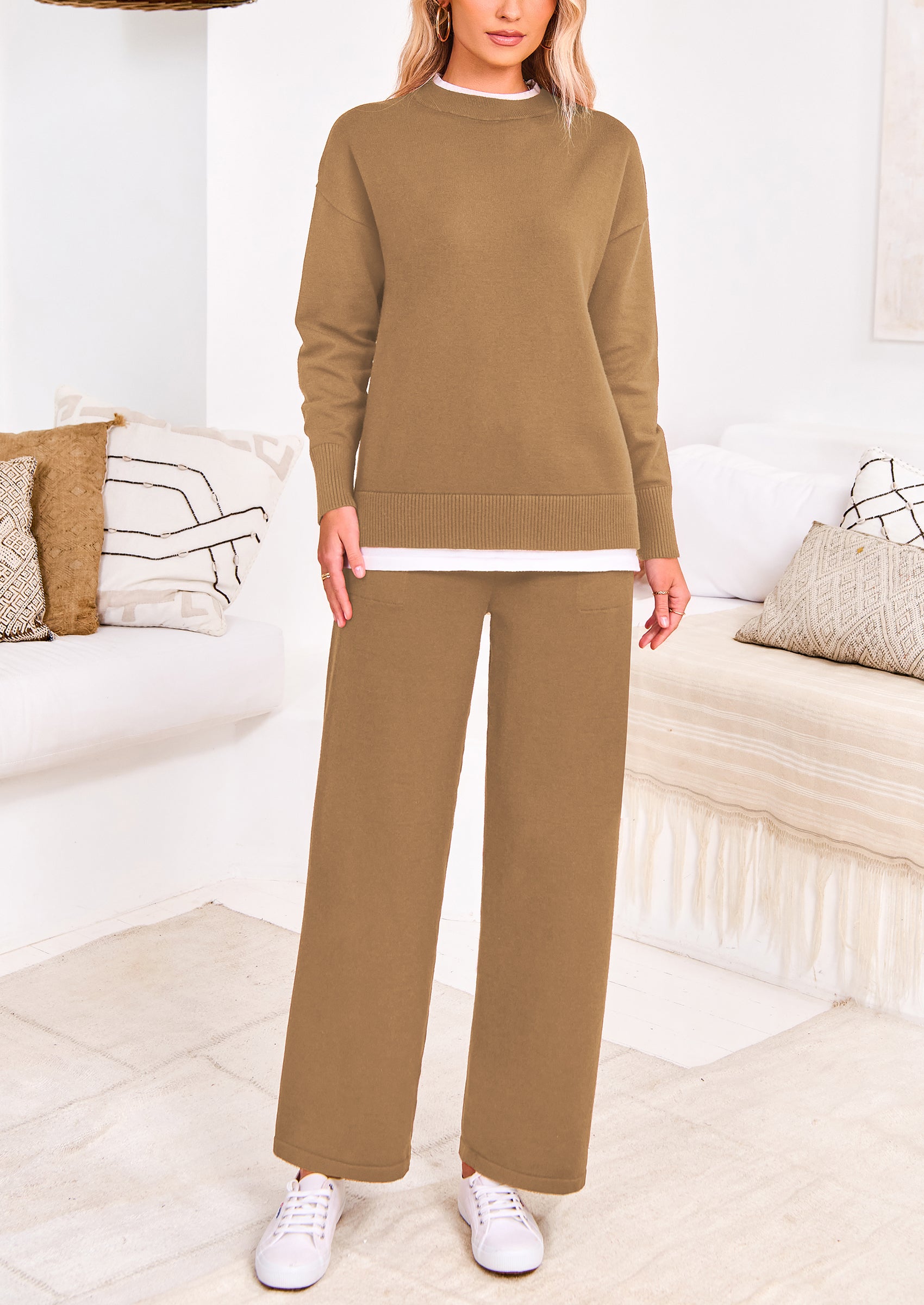 PRETTYGARDEN Two Piece Matching Sweater Lounge Sets Knit Long Sleeve Pullover Tops Wide Leg Pants