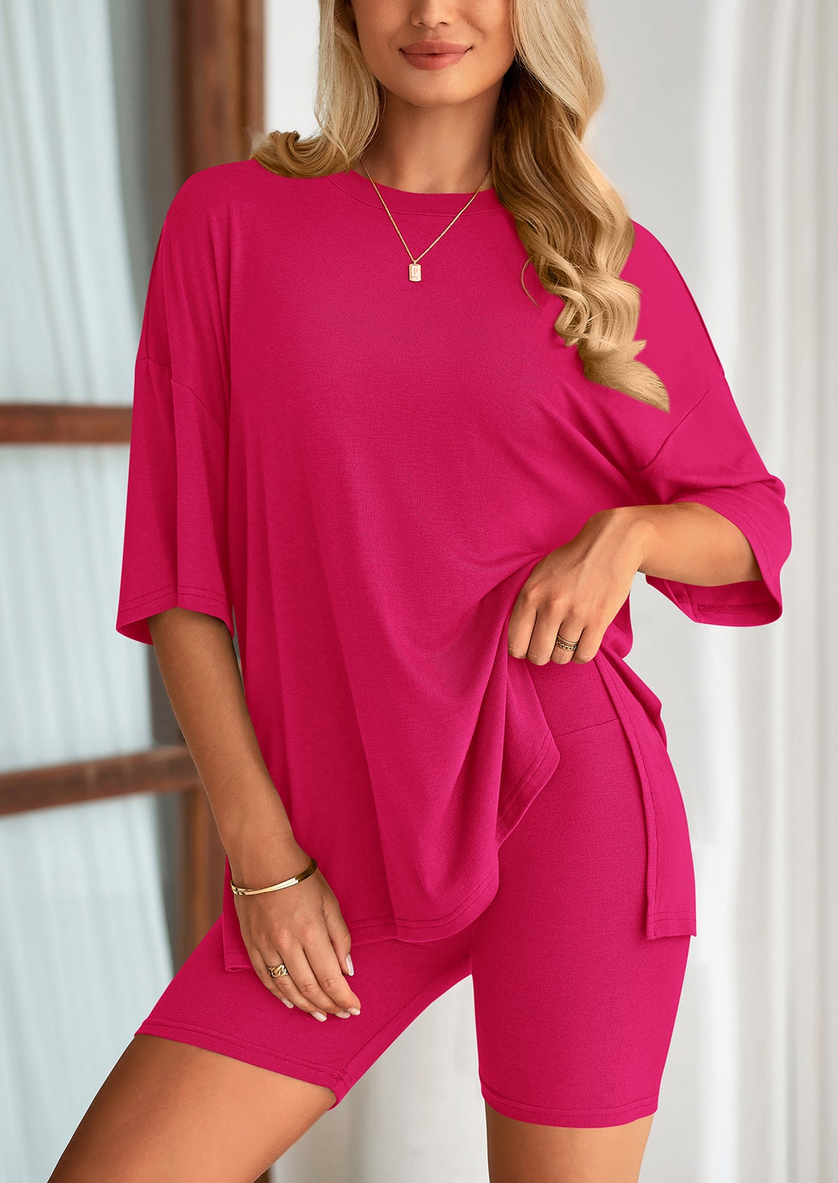 Casual Short Sleeved Round Neck Top Paired With Shorts Two-Piece Set