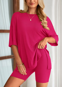 Casual Short Sleeved Round Neck Top Paired With Shorts Two-Piece Set