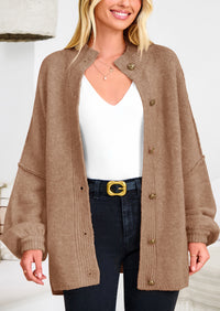 PRETTYGARDEN Women's Winter Button Down Cardigan Sweaters Mock Neck Lantern Long Sleeve Chunky Knit Jacket Trendy Outerwear