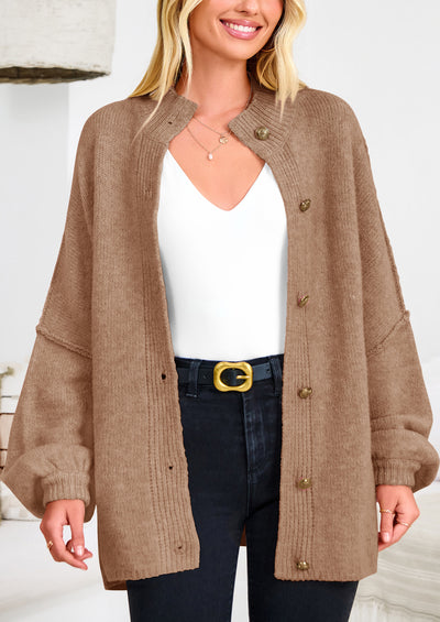 PRETTYGARDEN Women's Winter Button Down Cardigan Sweaters Mock Neck Lantern Long Sleeve Chunky Knit Jacket Trendy Outerwear