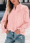 Puff Long Sleeve Button V Neck Hollow Out Lace Embroidered Casual Pullover Blouses