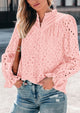 Puff Long Sleeve Button V Neck Hollow Out Lace Embroidered Casual Pullover Blouses