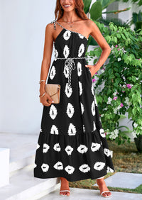 One Shoulder Spaghetti Strap Printed A Line Flowy Boho Maxi Long Sundress