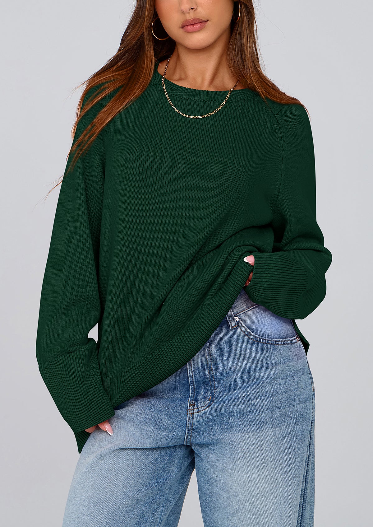 Knit Long Sleeve Crew Neck Split Hem Loose Oversized Tunic Sweaters