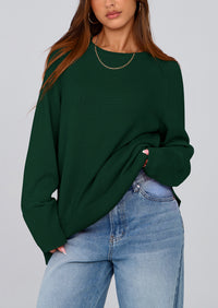 Knit Long Sleeve Crew Neck Split Hem Loose Oversized Tunic Sweaters