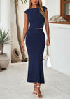 PRETTYGARDEN Summer 2 Piece Sets for Women Going Out Casual Cap Sleeve Crop Tops Ruched Maxi Long Skirts Spring Outfits