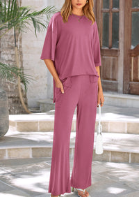Short Sleeve Pullover Tops And Wide Leg Pants Two Piece Sets