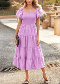 Casual Short Sleeved Square Neck Layered Pleated Dress