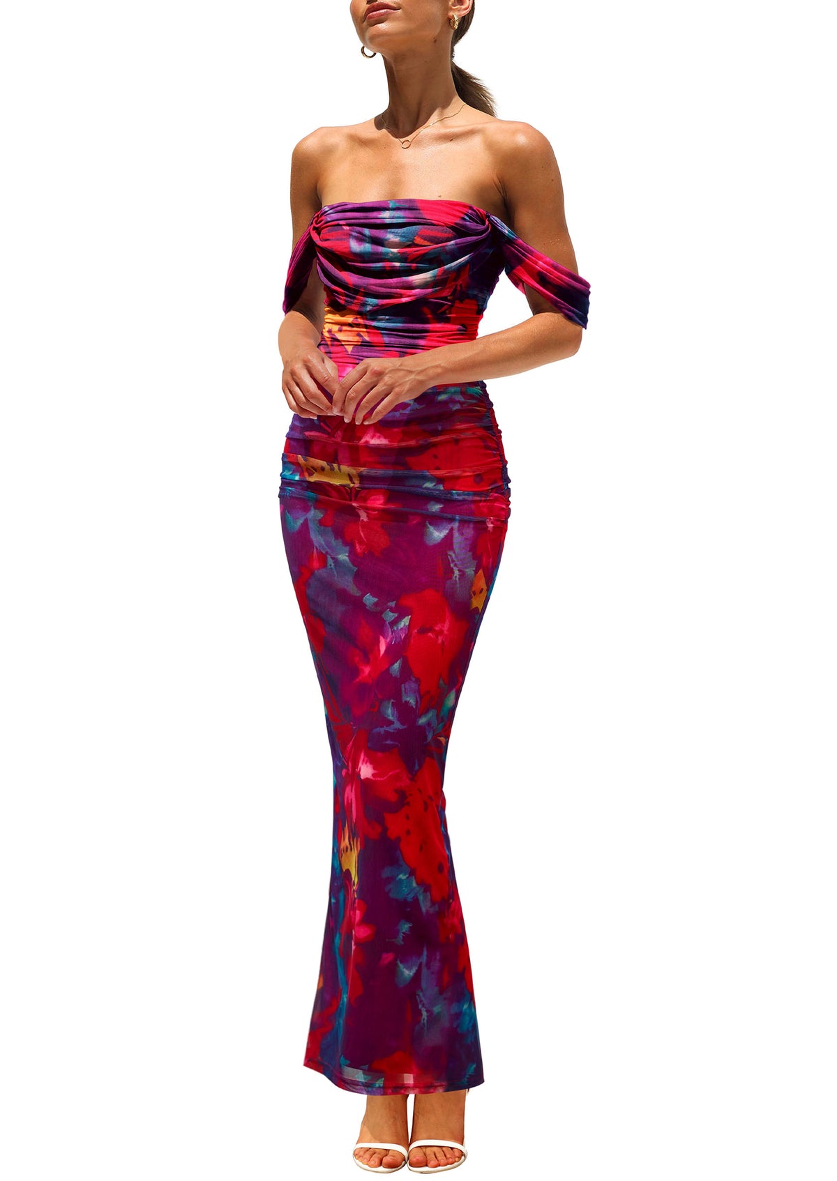 Ruched Bodycon Off Shoulder Floral Mesh Cocktail Party Fitted Maxi Dress