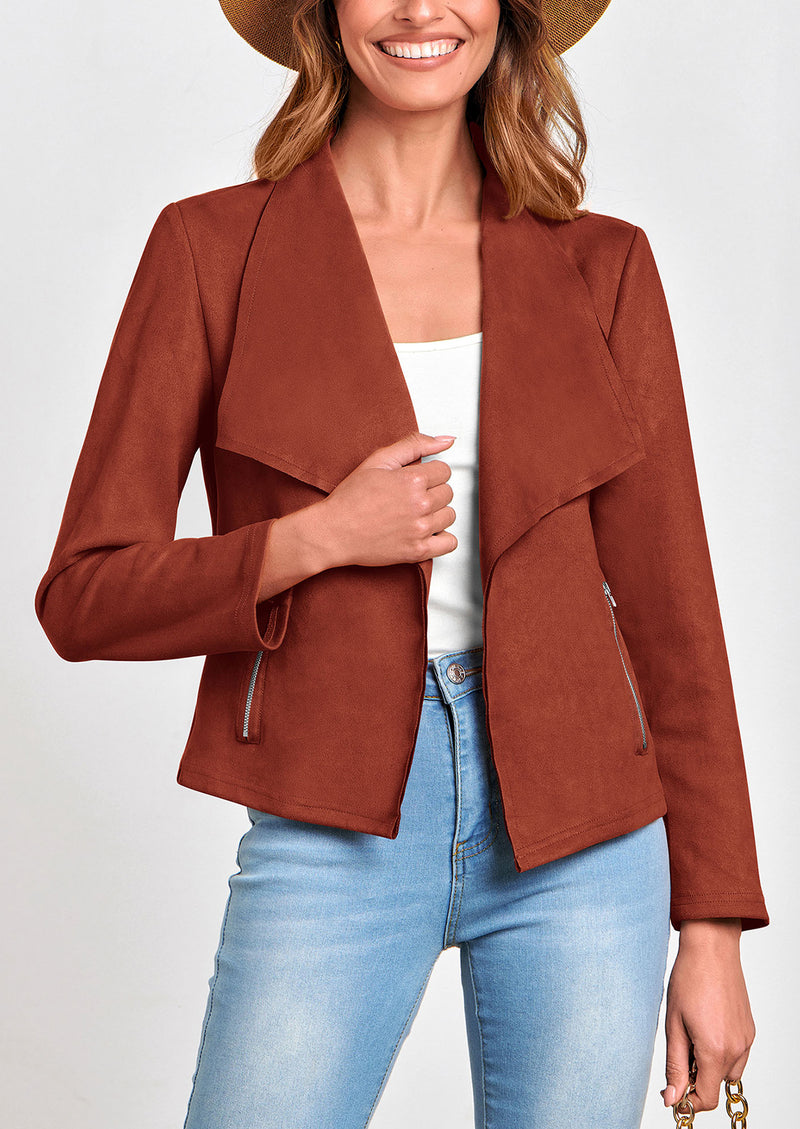 PRETTYGARDEN Women's Faux Suede Jackets Fashion Fall Clothes Long Sleeve Open Front Cropped Coat Outwear