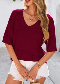 Short Sleeved Casual V-Neck Knitted Small Eye Shirt