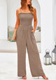 Linen Smocked Spaghetti Strap Pockets Wide Leg Jumpsuits
