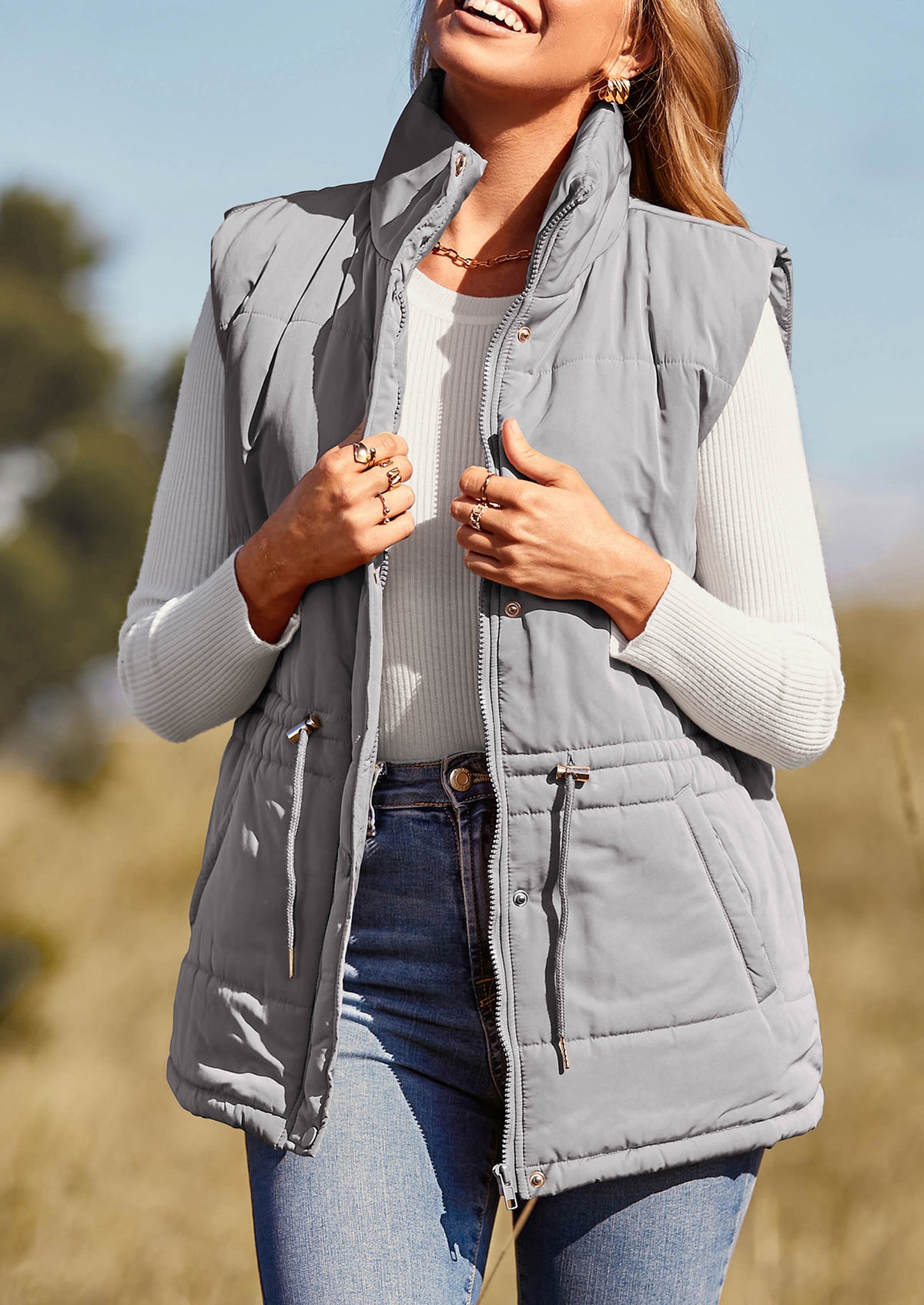 Casual Button Zipper Vest, Drawstring Sleeveless Jacket