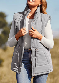 Casual Button Zipper Vest, Drawstring Sleeveless Jacket