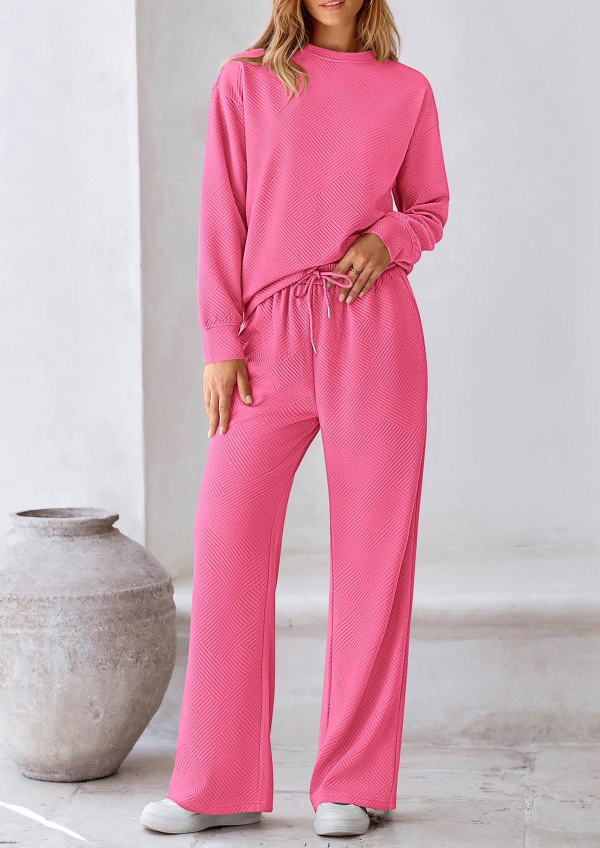 Casual Long Sleeve Pullover Tops and Wide Leg Pants Knitted Two Piece Sets