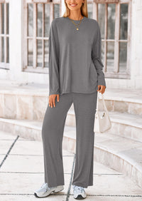Long Sleeve High Low Tops T-Shirts Wide Leg Pants Two Piece Sets