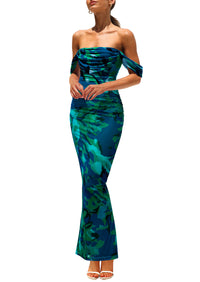 Ruched Bodycon Off Shoulder Floral Mesh Cocktail Party Fitted Maxi Dress