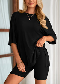 Casual Short Sleeved Round Neck Top Paired With Shorts Two-Piece Set