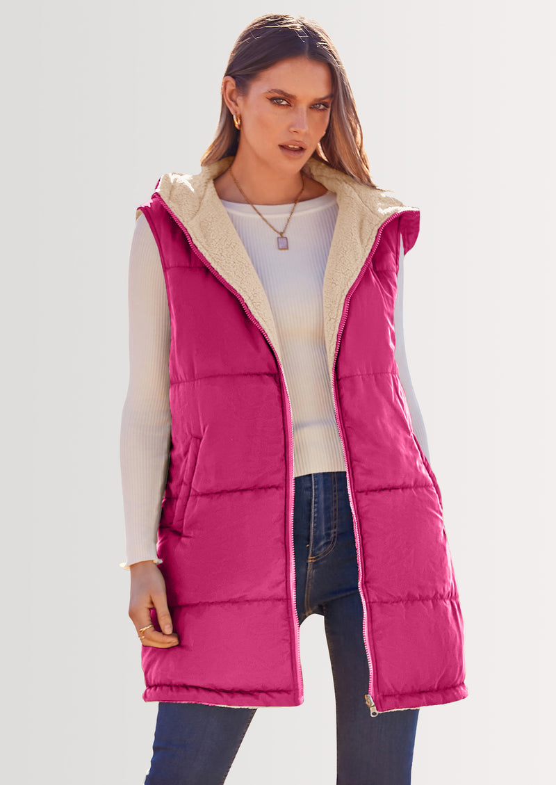 PRETTYGARDEN Womens Fall Reversible Vests Sleeveless Fleece Jacket Zip Up Hoodie Pockets Long Warm Winter Coat Outerwear