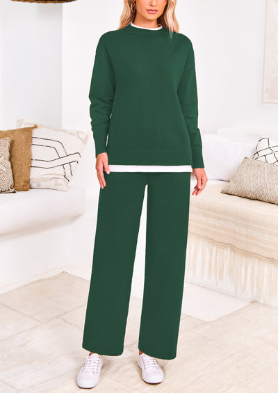 PRETTYGARDEN Two Piece Matching Sweater Lounge Sets Knit Long Sleeve Pullover Tops Wide Leg Pants