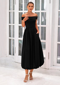 PRETTYGARDEN Womens Summer Off Shoulder Sleeveless Midi Dress Cocktail A Line Flowy Wedding Guest Dresses with Pockets