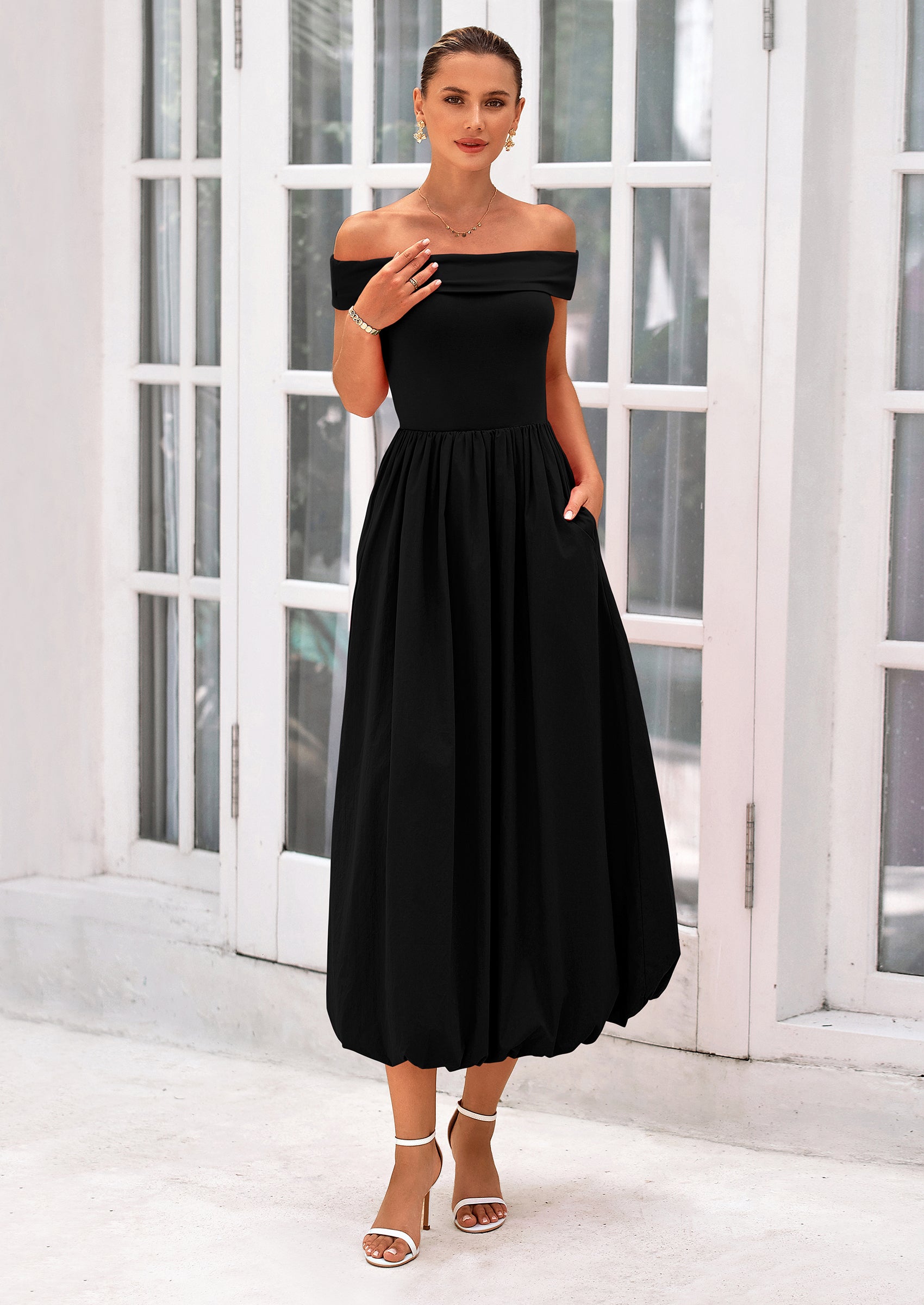 PRETTYGARDEN Womens Summer Off Shoulder Sleeveless Midi Dress Cocktail A Line Flowy Wedding Guest Dresses with Pockets