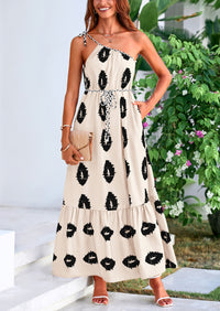 One Shoulder Spaghetti Strap Printed A Line Flowy Boho Maxi Long Sundress