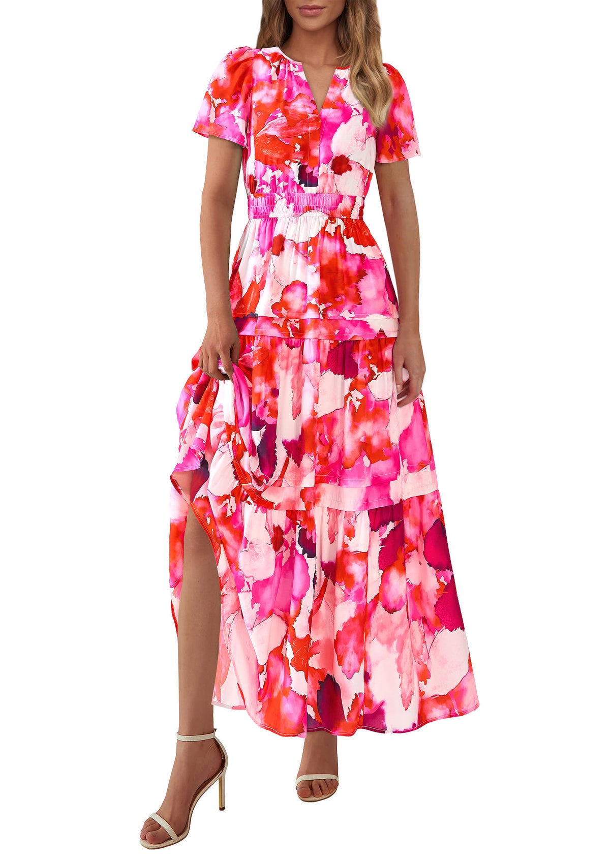 Boho Floral Short Sleeve V Neck A Line Tiered Ruffle Flowy Long Beach Vacation Maxi Dresses