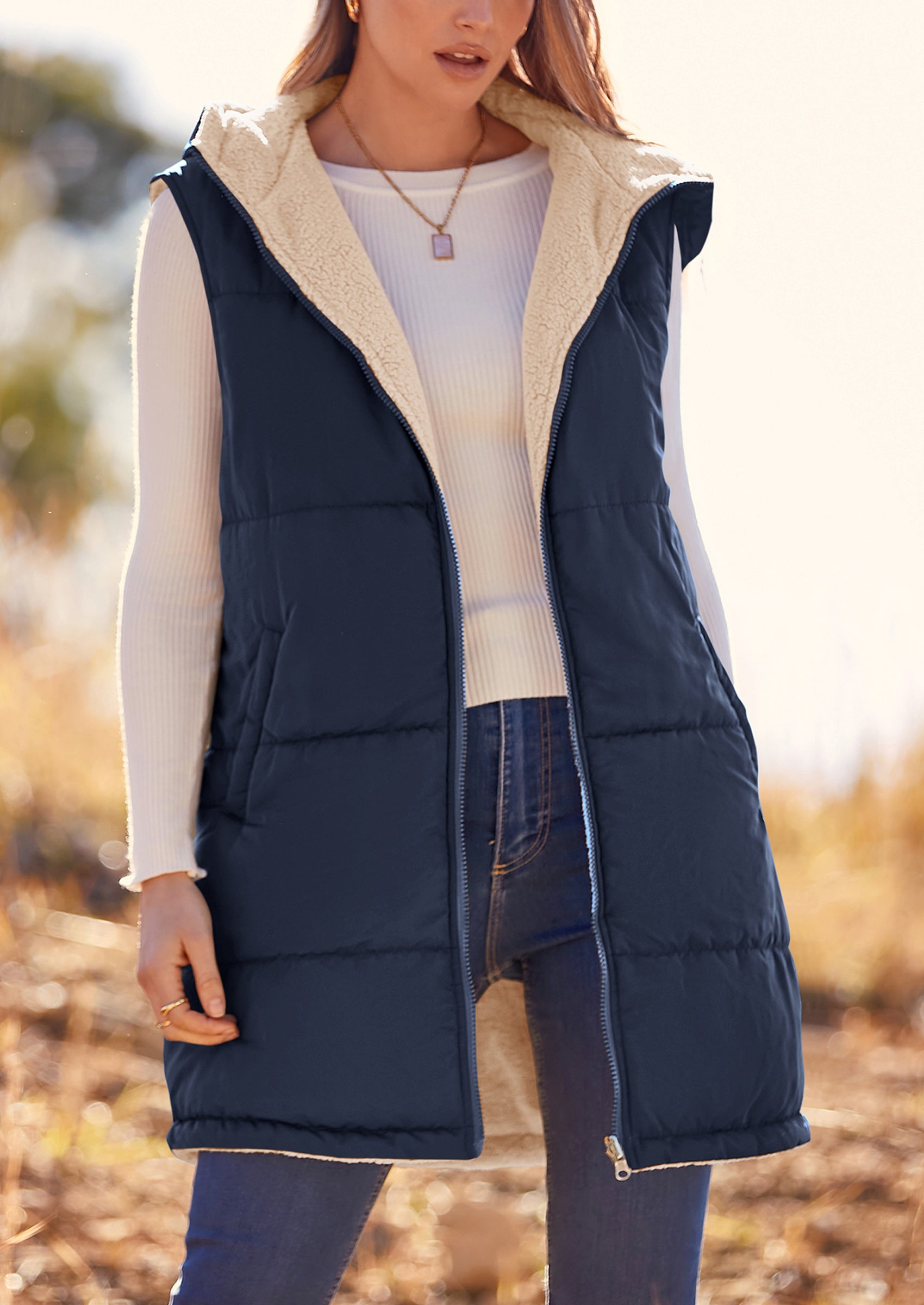 PRETTYGARDEN Womens Fall Reversible Vests Sleeveless Fleece Jacket Zip Up Hoodie Pockets Long Warm Winter Coat Outerwear
