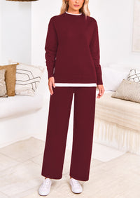 PRETTYGARDEN Two Piece Matching Sweater Lounge Sets Knit Long Sleeve Pullover Tops Wide Leg Pants