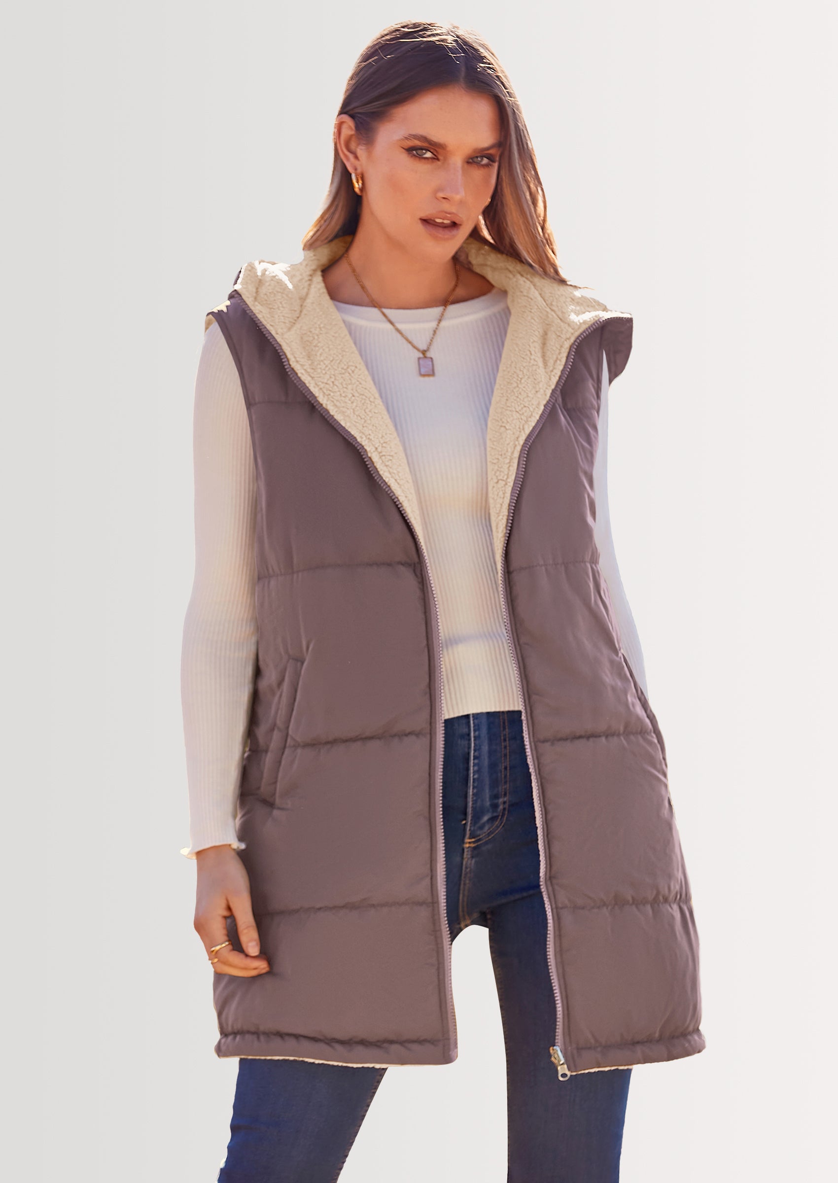 PRETTYGARDEN Womens Fall Reversible Vests Sleeveless Fleece Jacket Zip Up Hoodie Pockets Long Warm Winter Coat Outerwear