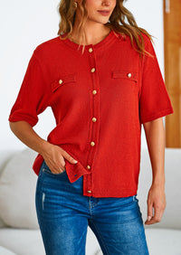 Button Down Casual Short Sleeve Crew Neck Ribbed Knit Shirts
