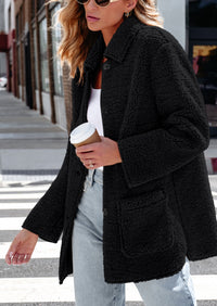 Long Sleeve Lapel Button Down Pockets Fleece Faux Fur Coats