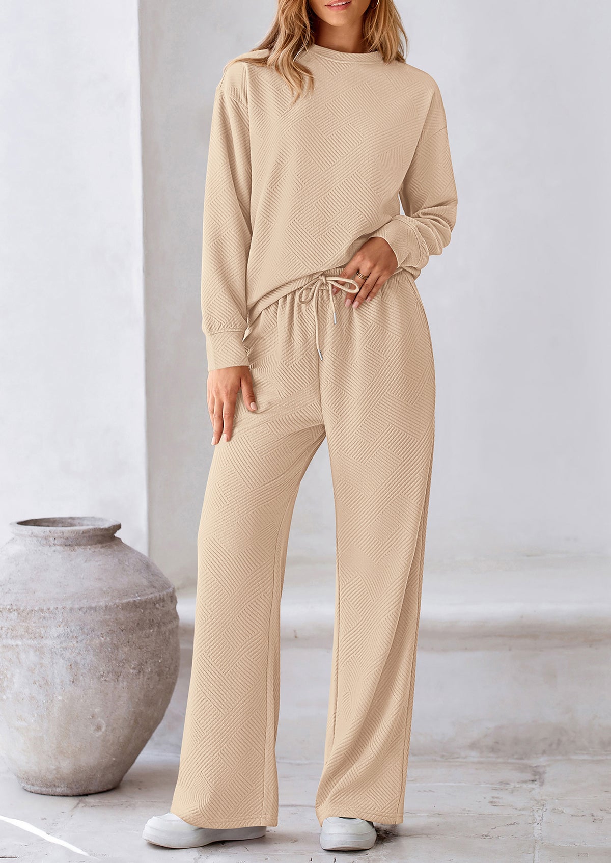 Casual Long Sleeve Pullover Tops and Wide Leg Pants Knitted Two Piece Sets