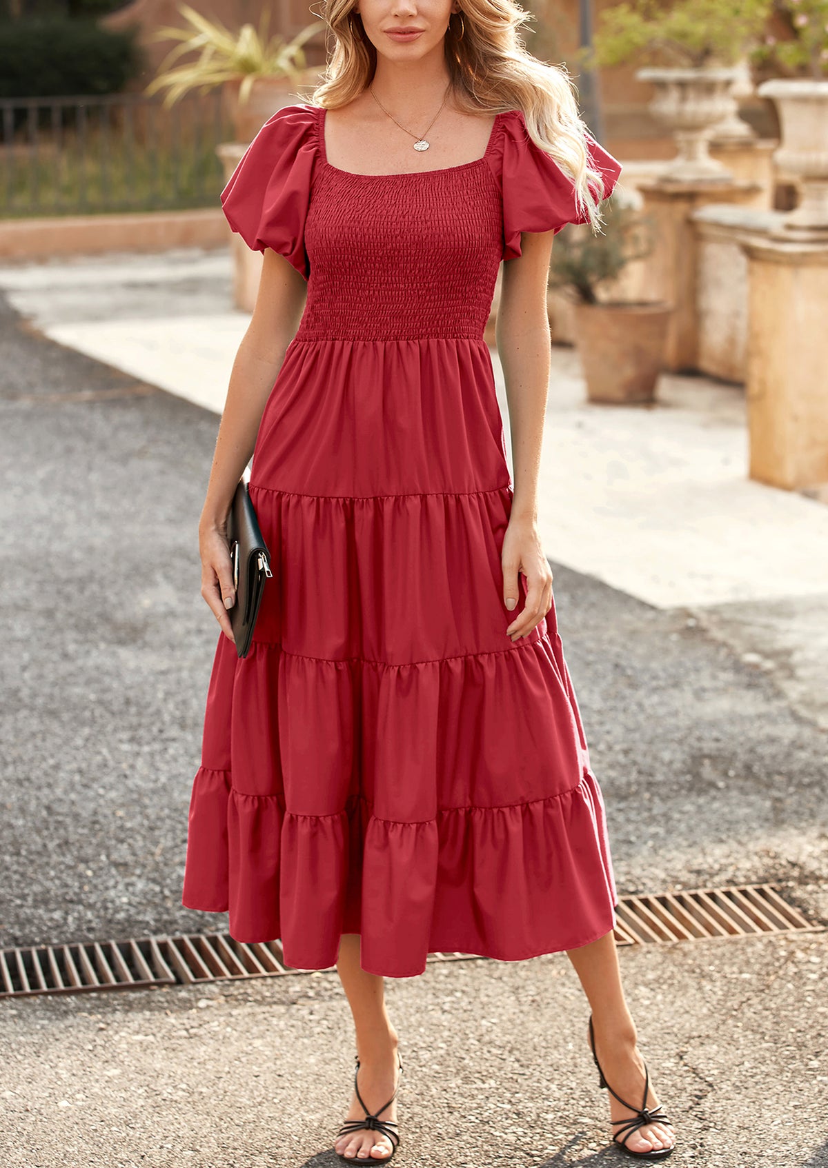 Casual Short Sleeved Square Neck Layered Pleated Dress