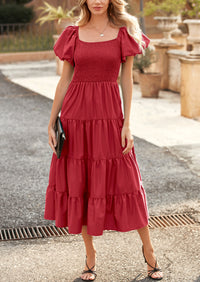 Casual Short Sleeved Square Neck Layered Pleated Dress