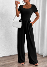 Casual Short Sleeve Square Neck Wide Leg Jumpsuits