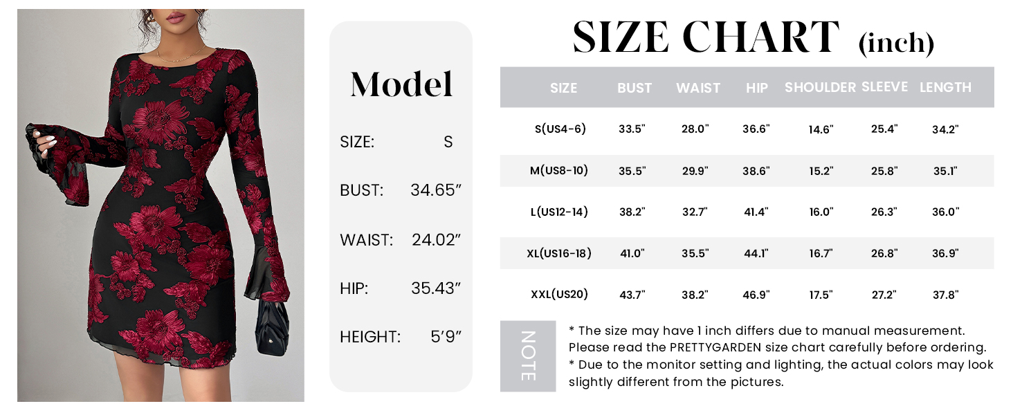 PRETTYGARDEN Women's Floral Embroidered Dress Fall Long Bell Sleeve Ribbon Flower Mini Short Mesh Bodycon Party Dresses