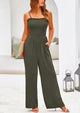 Linen Smocked Spaghetti Strap Pockets Wide Leg Jumpsuits