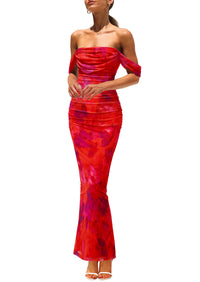 Ruched Bodycon Off Shoulder Floral Mesh Cocktail Party Fitted Maxi Dress