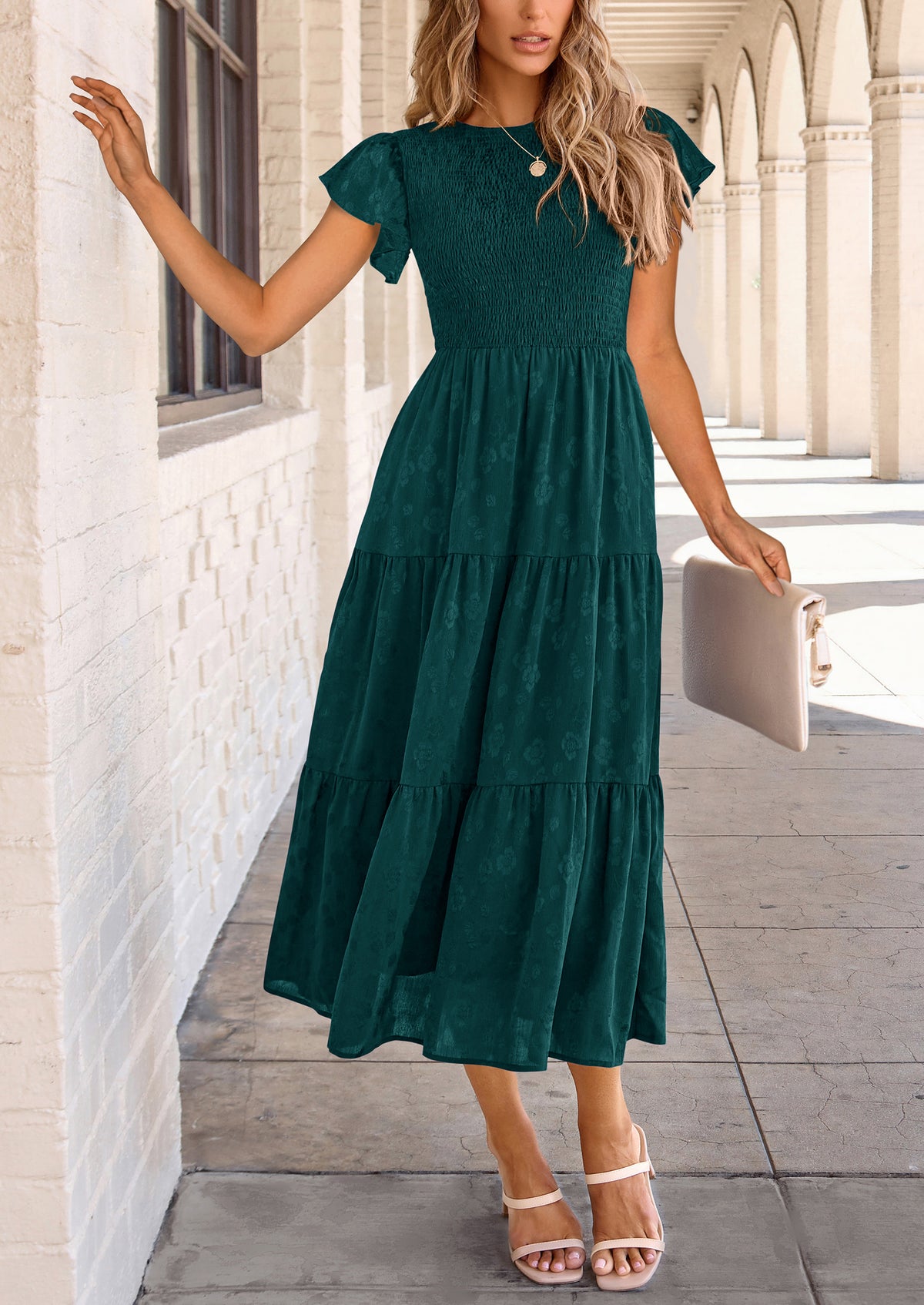Floral  Summer Cap Sleeve Smocked Ruffle A Line Long Flowy Wedding Guest Midi Dresses