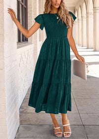 Floral  Summer Cap Sleeve Smocked Ruffle A Line Long Flowy Wedding Guest Midi Dresses