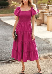 Casual Short Sleeved Square Neck Layered Pleated Dress